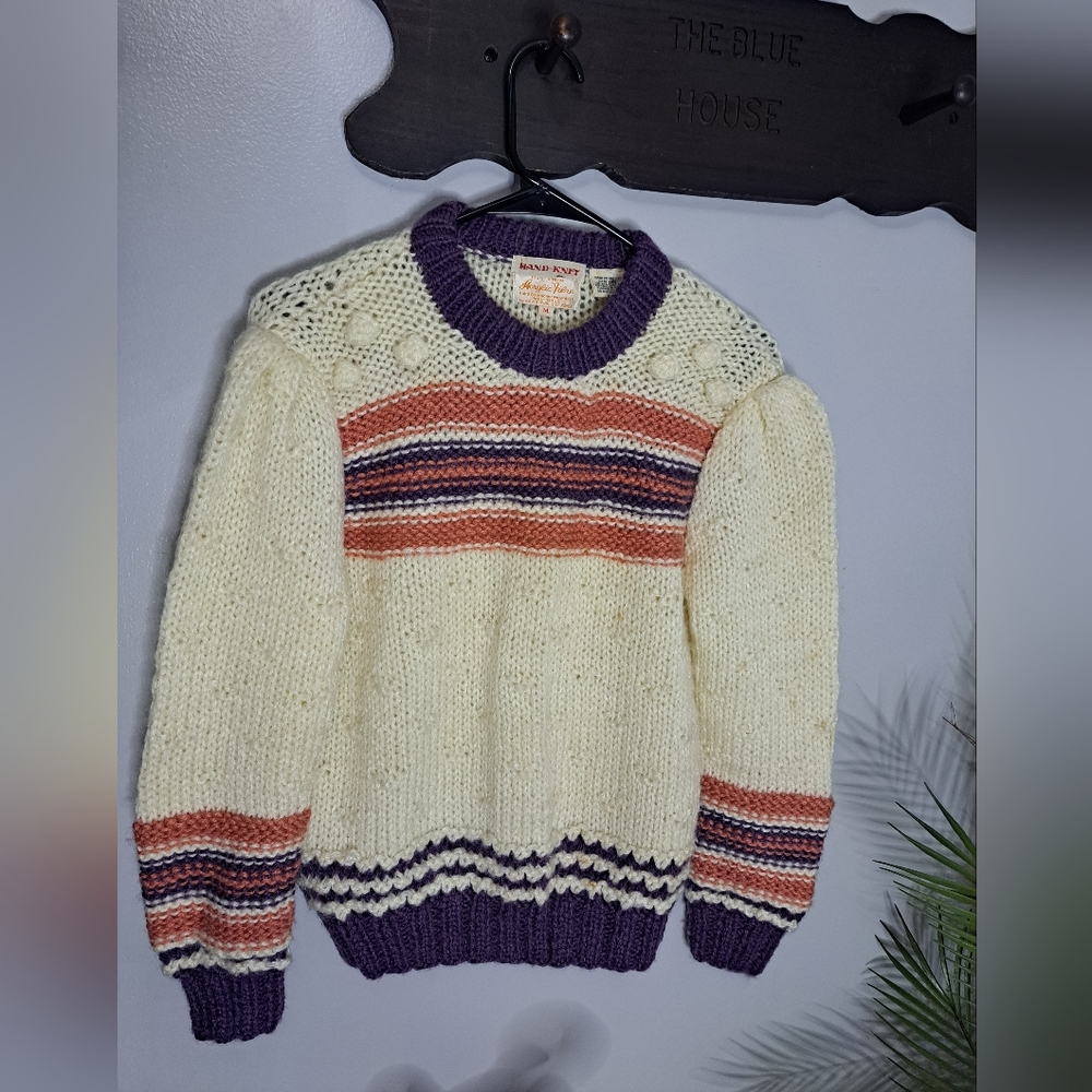 Vintage Hand Knit Virgin Acrylic Crochet Knit Grannycore Sweater Sz M